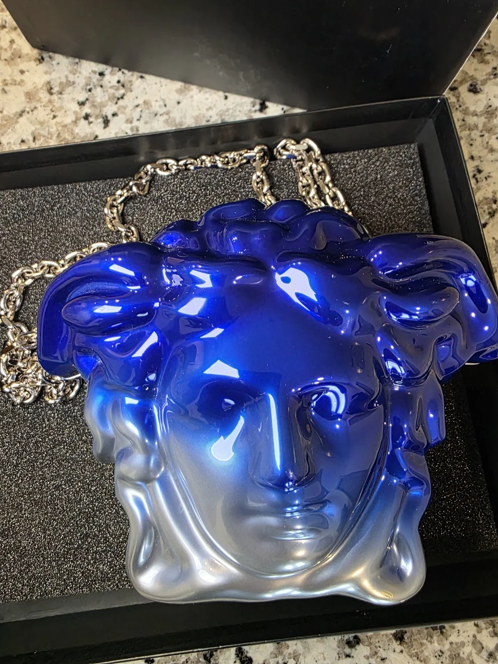 Blue-to-Silver Gradient Medusa Head Crossbody Bag with Chain